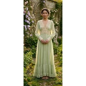 Vintage 70s GUNNE SAX Long Maxi Prairie Dress Cottagecore Fairy Sage Green S